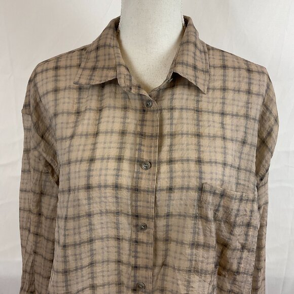 & Other Stories Blouse US 12 Beige Black Plaid Button Front Long Sleeve - Picture 3 of 12